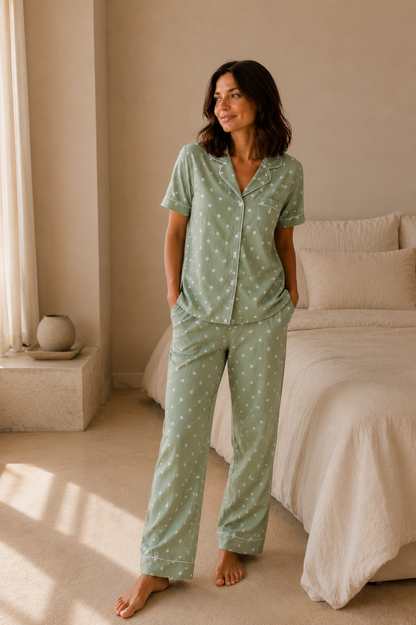 Hello Sunshine | Classic Short Sleeve PJ | Deep Sage Spot