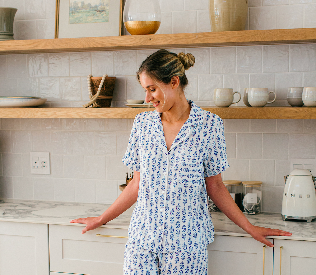 Blooming in Blues | Classic Short Sleeve PJ | White Blue Block