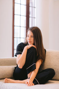 Classic Collection | Classic Short Sleeve and Cropped Pant | Black with White Piping