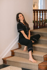 Classic Collection | Classic Short Sleeve and Cropped Pant | Black with White Piping