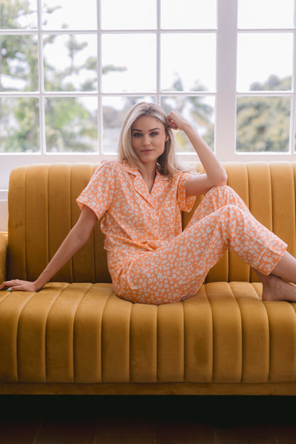 Pretty Poppy | 100% Cotton Classic Short Sleeve and Cropped Pant | Orange Daisy