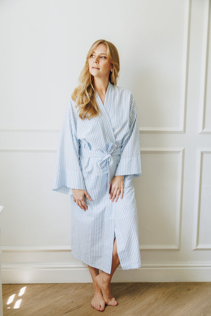 Bedtime Blues | Kimono | Blue & White Seersucker Stripe