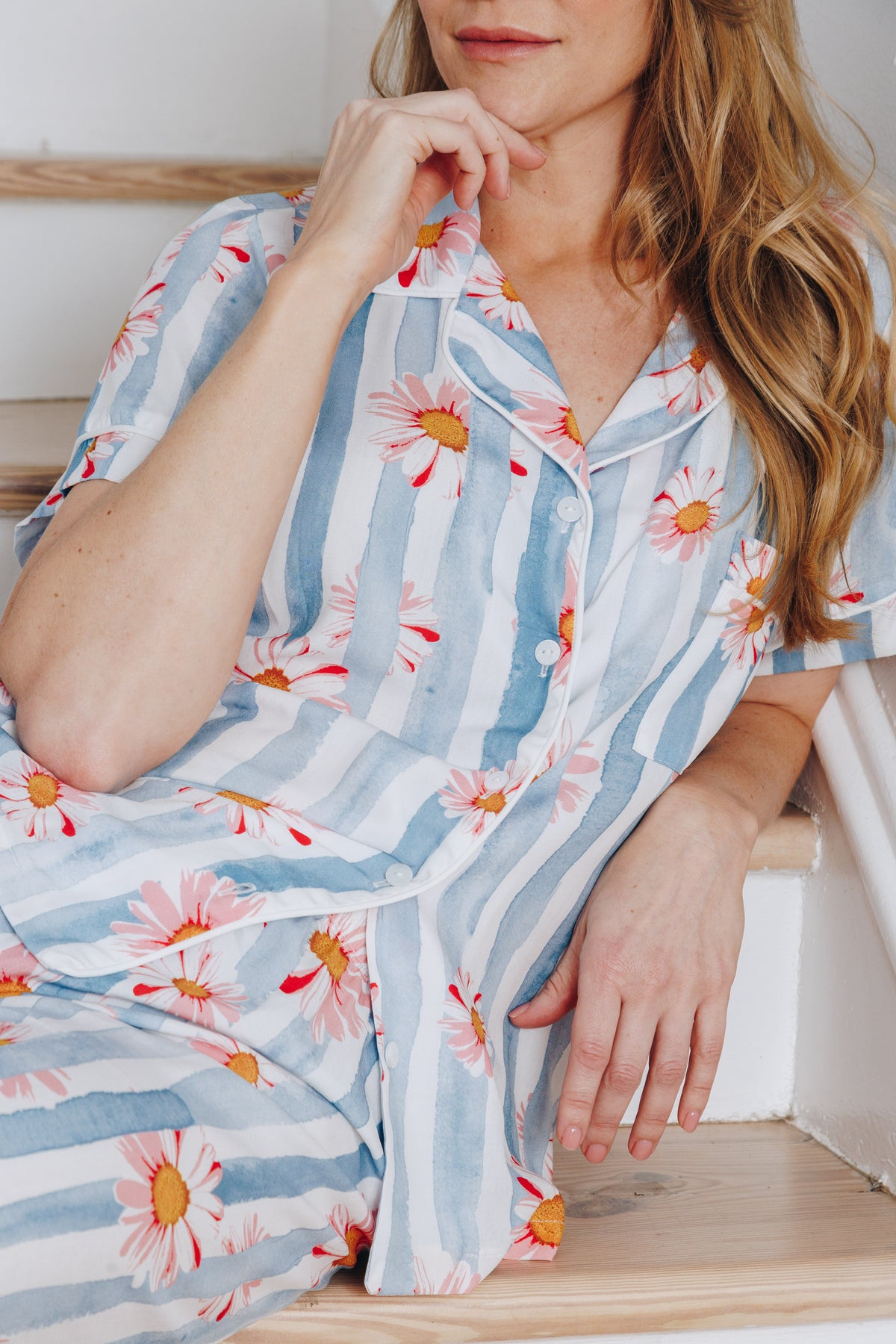Bedtime Blues | Classic Short Sleeve PJ | Blue & White Daisy Stripe