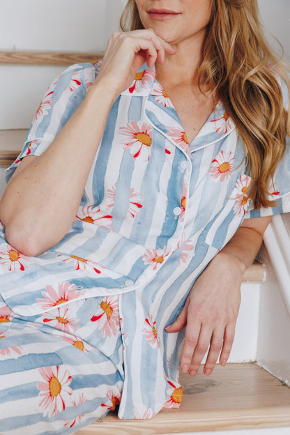 Bedtime Blues | Classic Short Sleeve PJ | Blue & White Daisy Stripe