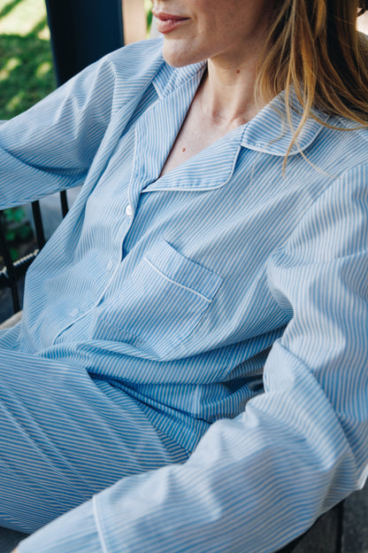 Moonlight Magic | 100% Cotton Long Sleeve PJ | Blue & White Stripe