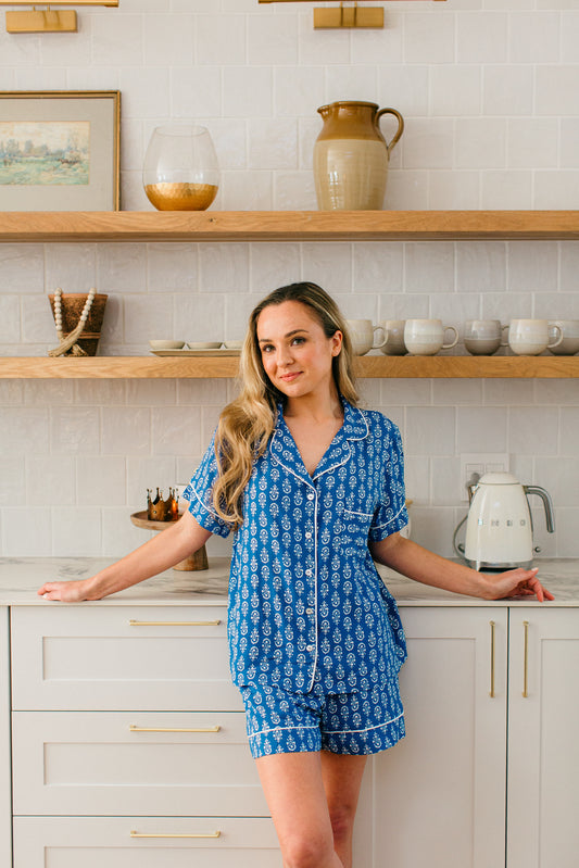 Blooming in Blues | Classic Shortie PJ | Blue with White Block
